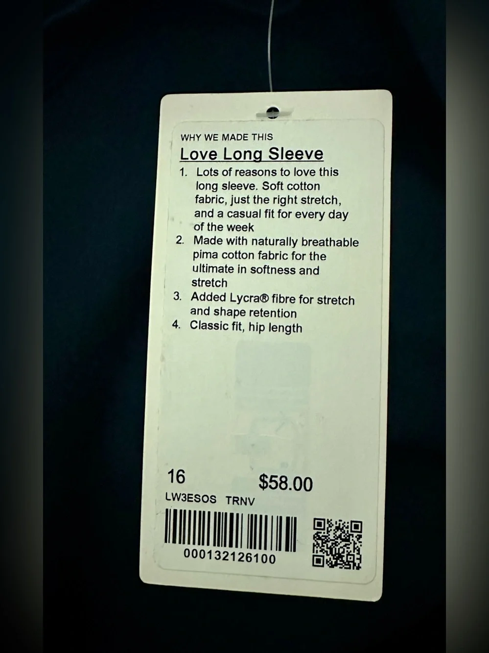 LULULEMON Love Long Sleeve Navy Blue Shirt, Size 16
